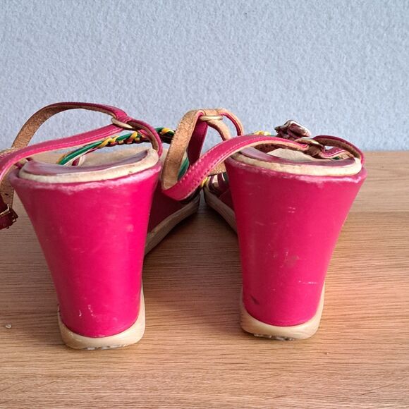 Famolare Vintage Sandals 10 Narrow 70s Hi-Up Pink Wavy Platform Strappy Wedge - Picture 5 of 11